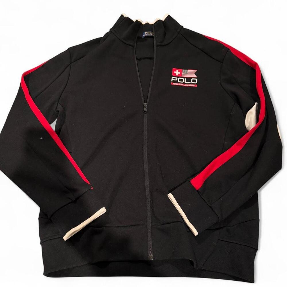 Vintage POLO Ralph Lauren Streetwear Black & Red Racing Track Jacket Size Large